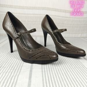 BCBGirls Brown Gray Leather Mary Jane Heels Platform Pumps Size 9.5B/39.5